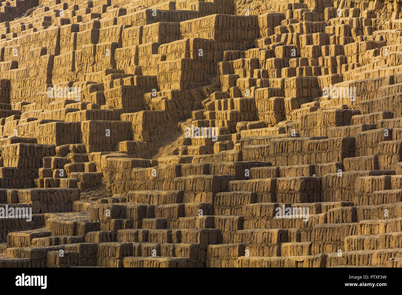 Huaca Pucllana, is a nearly 2000-year-old clay & adobe stepped pyramid from the Lima Culture, photographed in Miraflores, Lima, Peru in the summer. Stock Photo