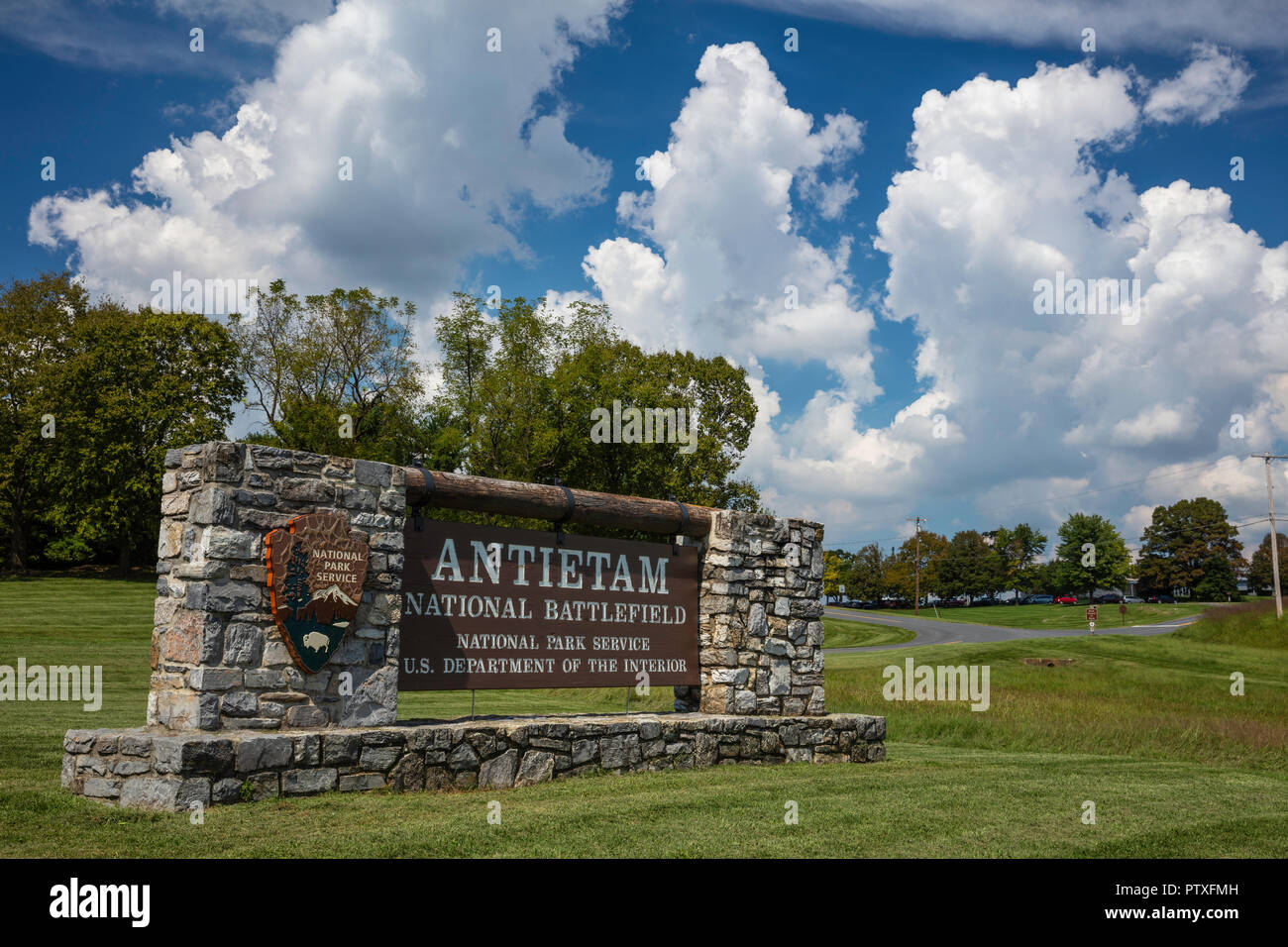 Entrance sign at Antietam National Battlefield, Sharpsburg, Maryland Stock Photo