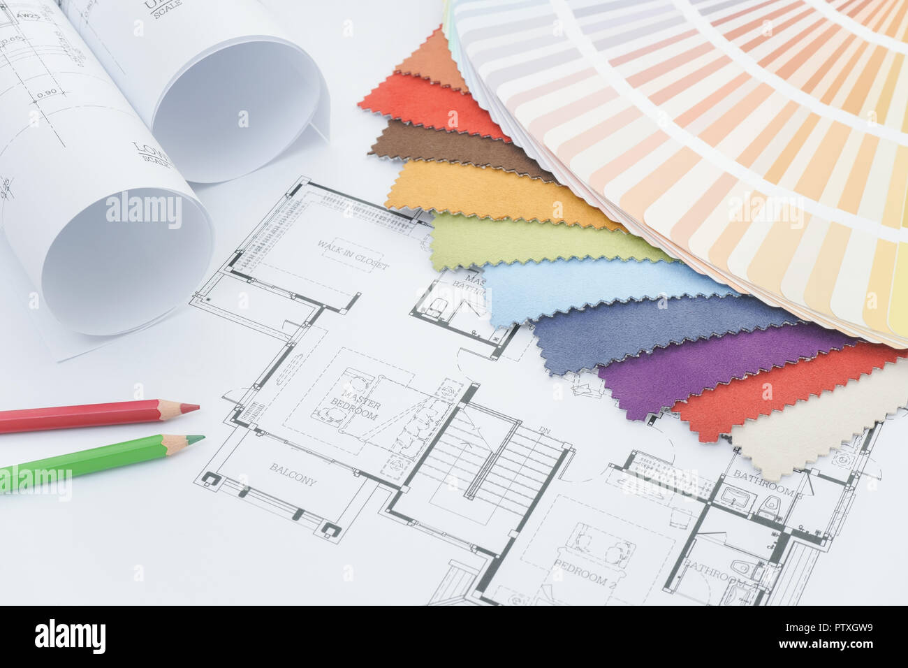 Interior Designer Working Desk With Drawing Fabric Sample