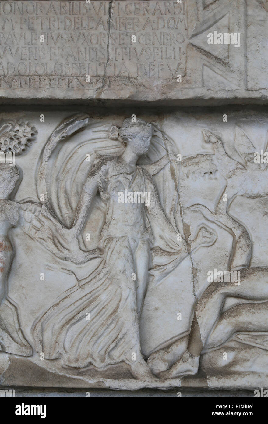 Italy. Pisa. CampoSanto. Roman sarcophagus. Relief: Myth of Selene and Endymion. c.190 CE. Marble. Detail figure of Selene. Stock Photo