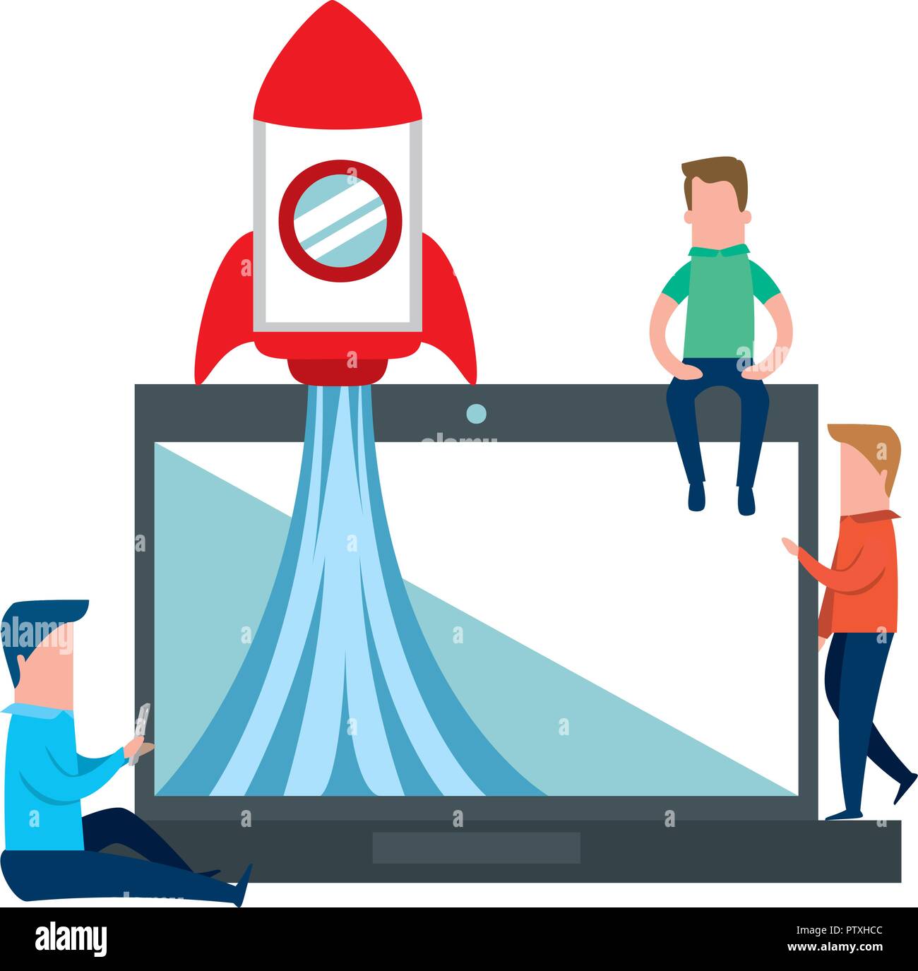 teamwork with rocket start up and laptop Stock Vector Image & Art - Alamy