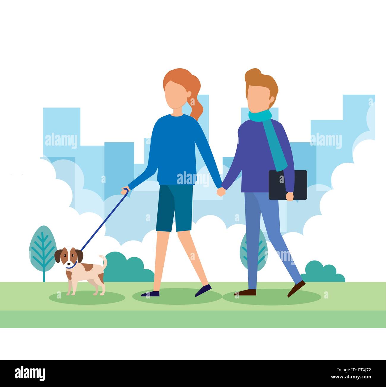 young couple with dogs in the park Stock Vector