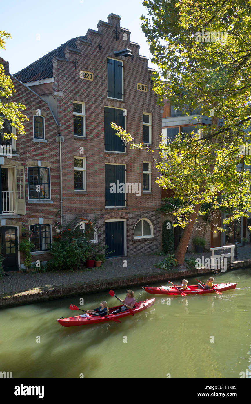 Utrecht, Netherlands - September 27, 2018: Canoeing on the canal in the historical center of Utrecht in autumn Stock Photo