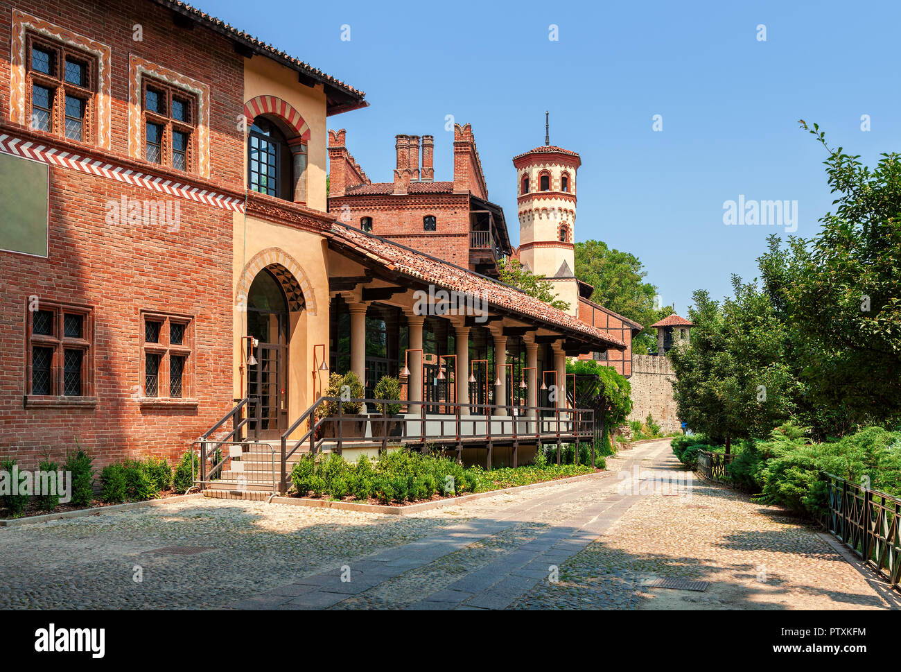 Walkway along reconstructed medieval village in Valentino Park in Turin