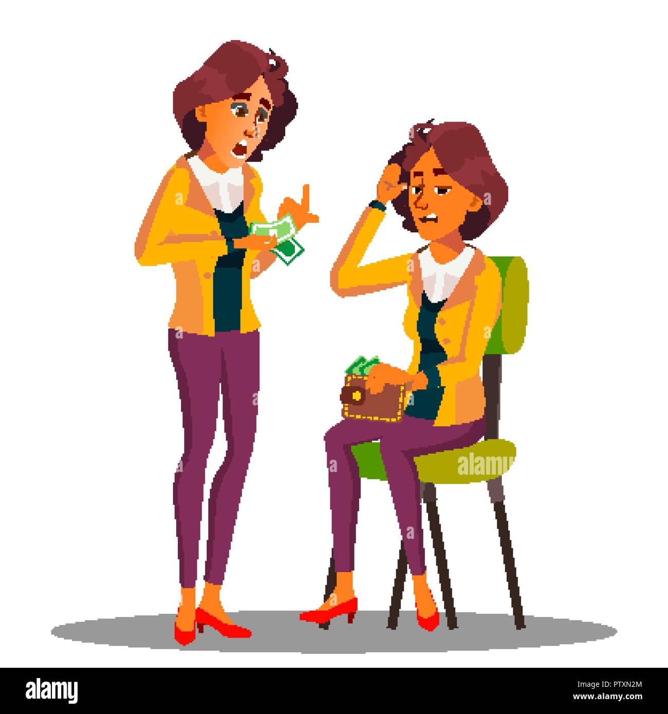 Sad Woman Counts Cash In Her Hands Vector. Isolated Illustration Stock Vector