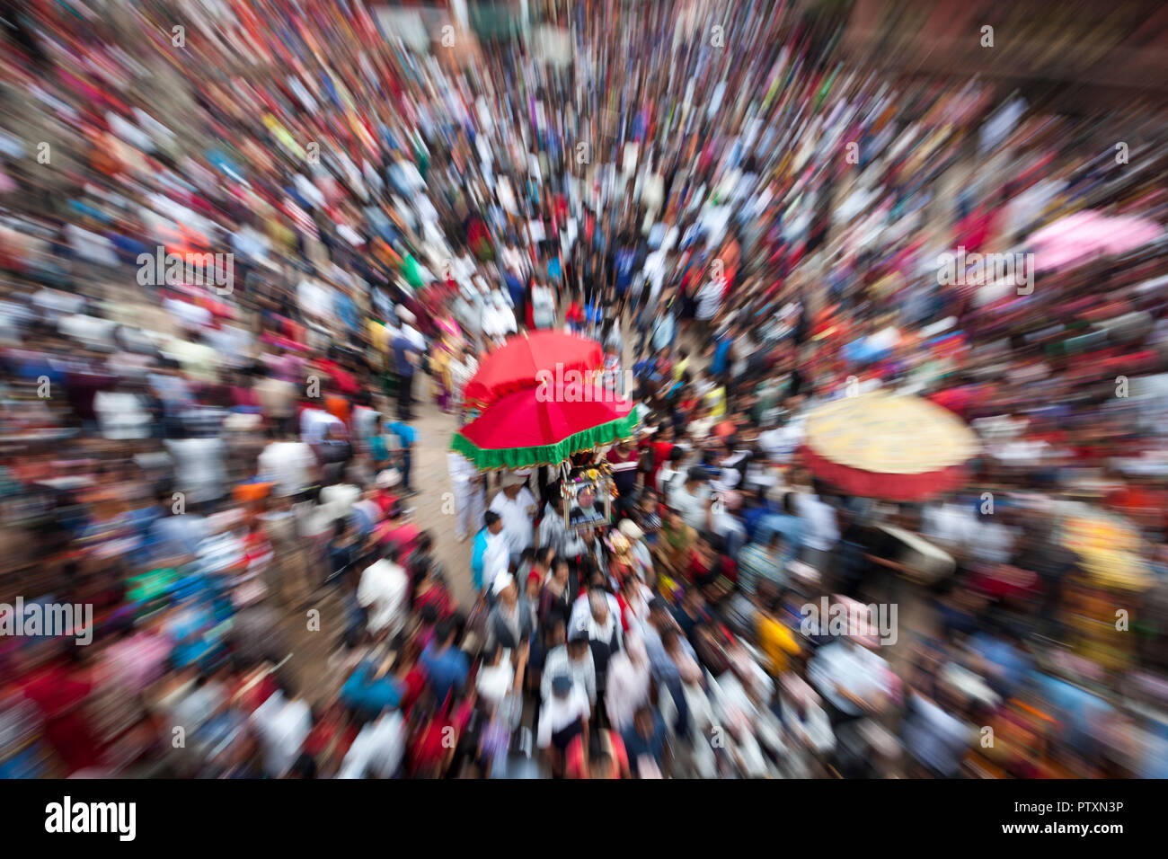 Gai Jatra (Cow festival) celebration in Bhaktapur, Nepal. The festival is celebrated every year in the memory of deceased family members. Stock Photo