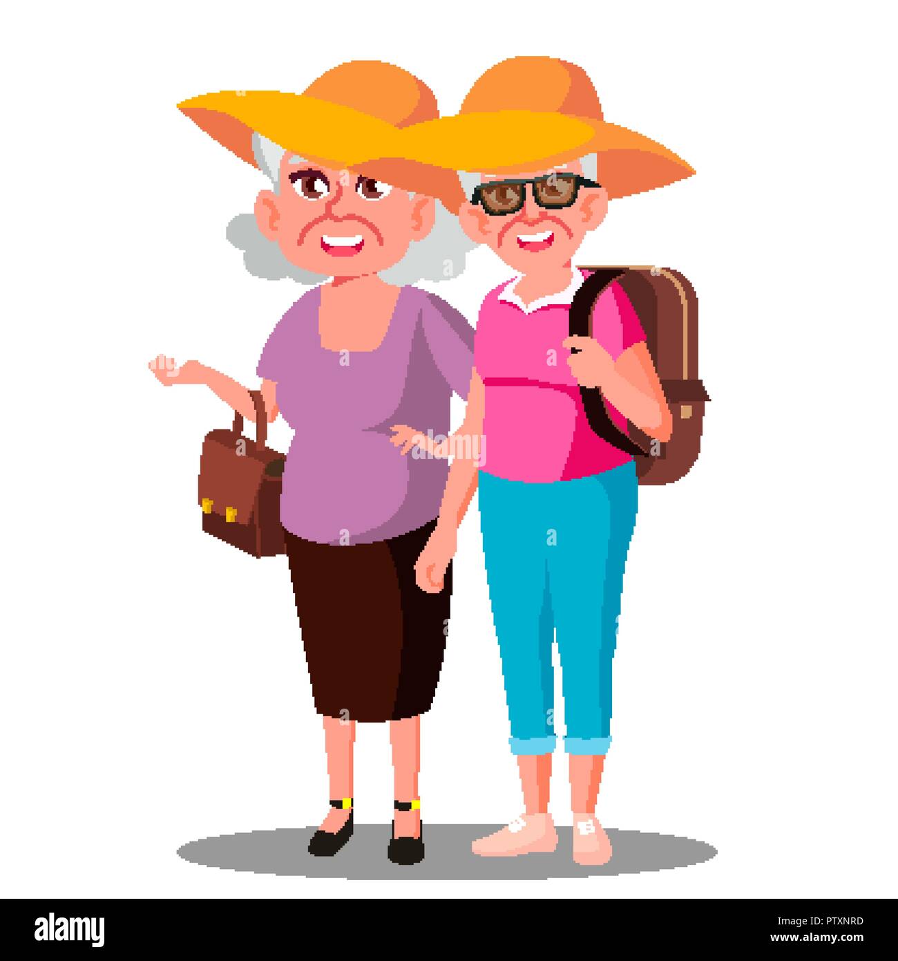 Two Old Women Friends In Hats Enjoing Vacation Vector. Isolated Illustration Stock Vector