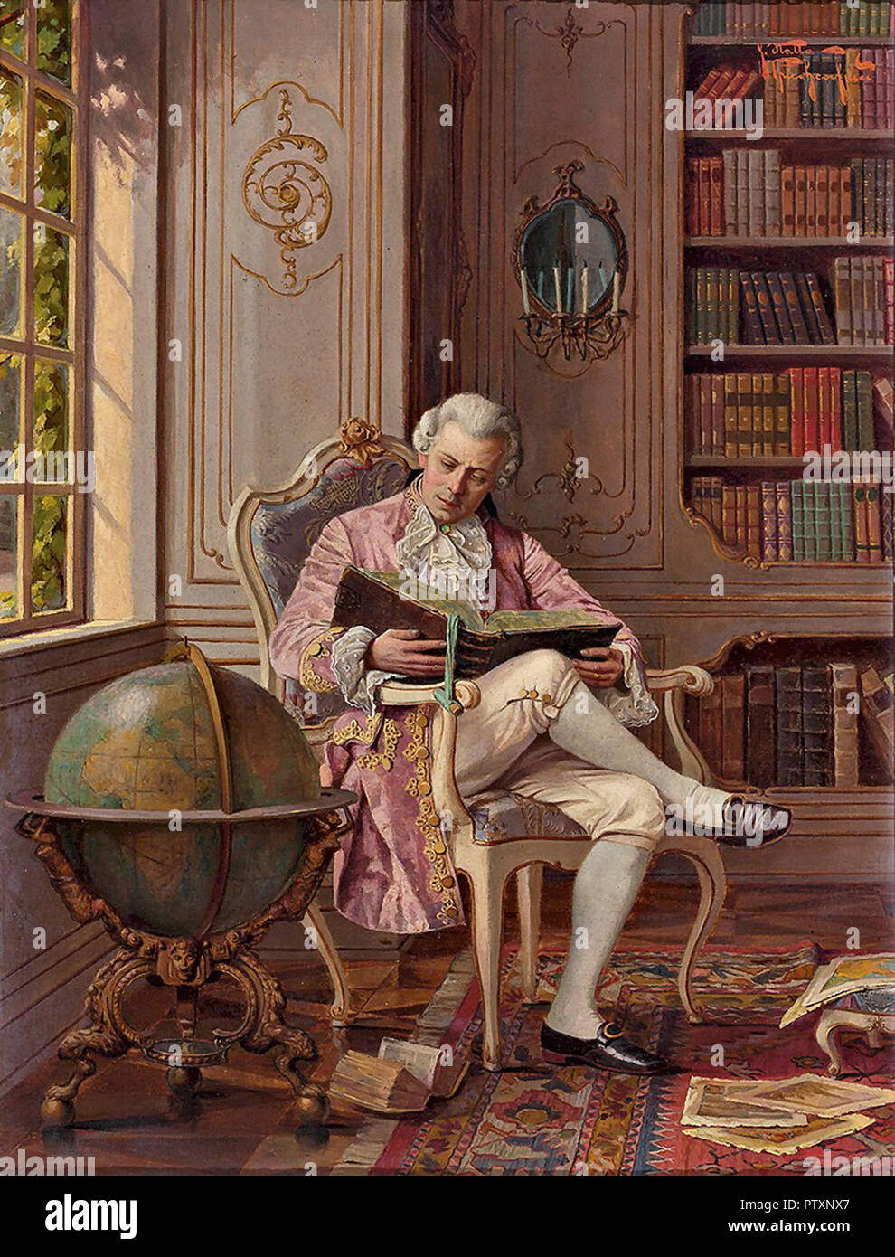 Priechenfried Alois Heinrich - Lesender Gelehrter IM Rokokohabit in Einer Schlossbibliothek Neben Groùdfem Globus Stock Photo