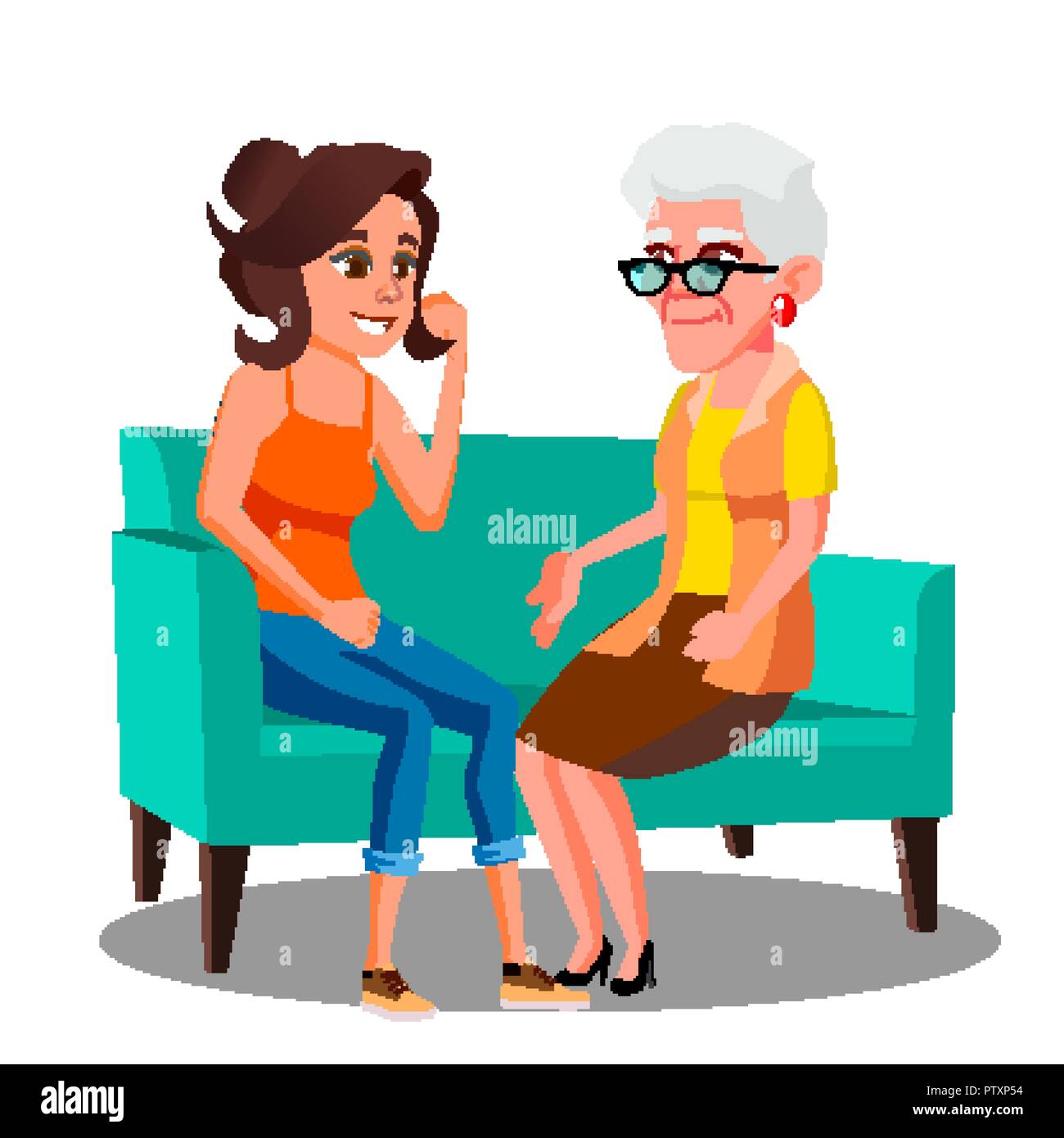 Adult Woman Talking To Her Mature Mother On The Couch Vector. Isolated Illustration Stock Vector