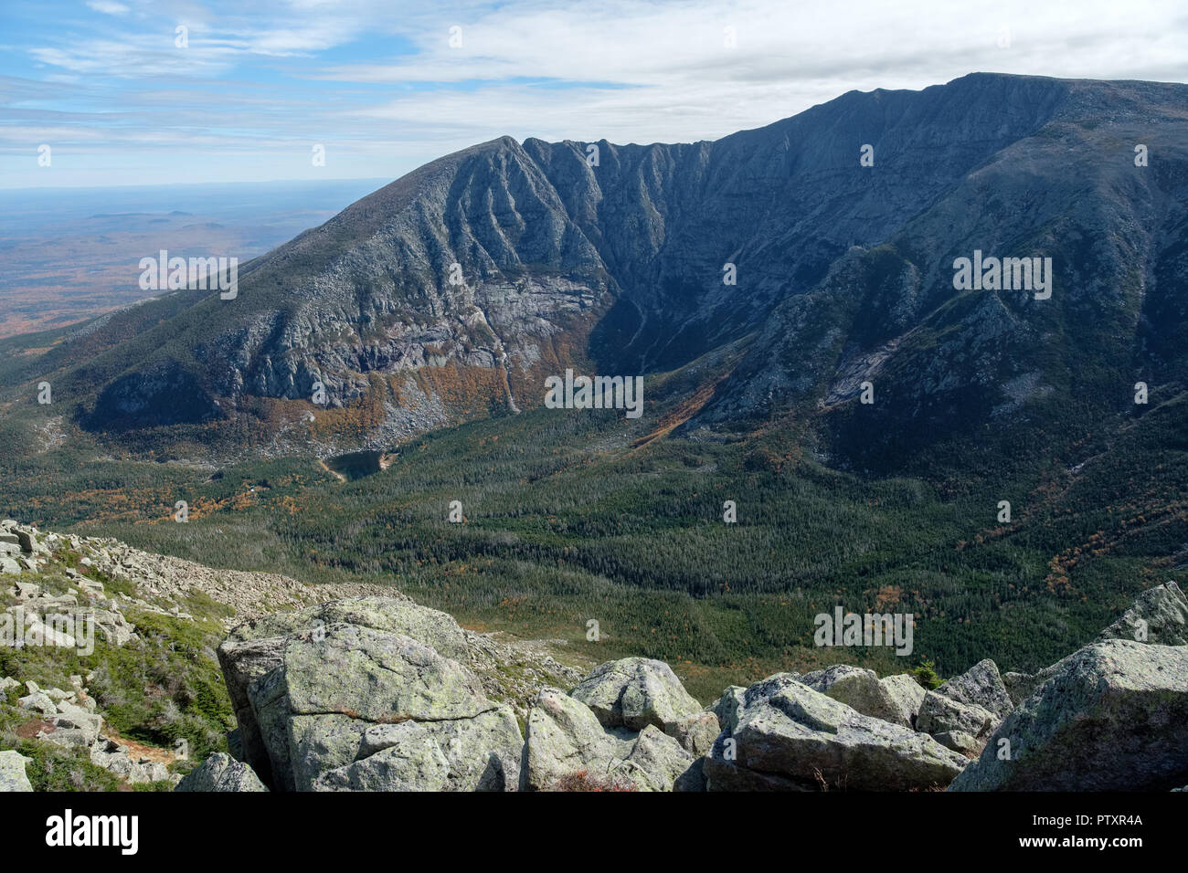 A view of Baxter Peak and the Knife Edge, Mount Katahdin, Maine, from Hamlin Peak Stock Photo