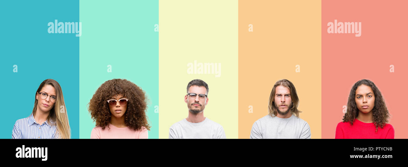 Collage of group of young people over colorful vintage isolated background skeptic and nervous, disapproving expression on face with crossed arms. Neg Stock Photo