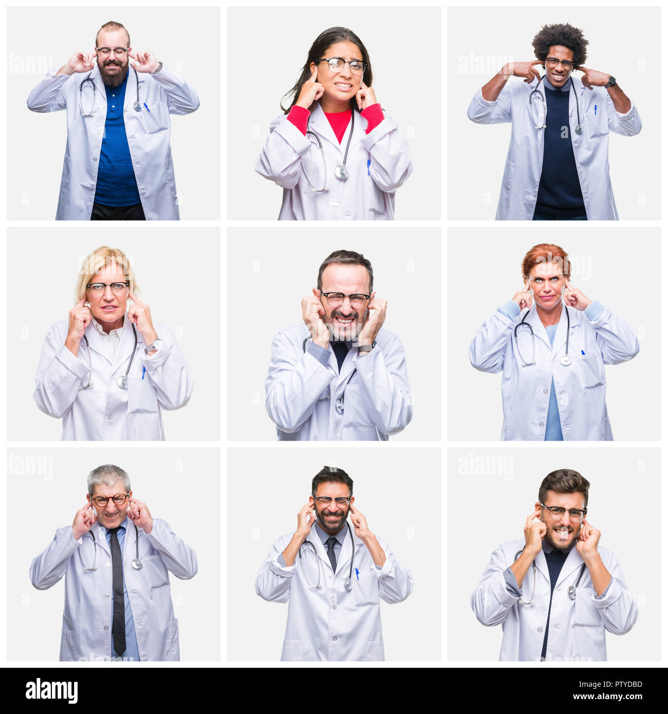 Collage of group of doctor people wearing stethoscope over isolated