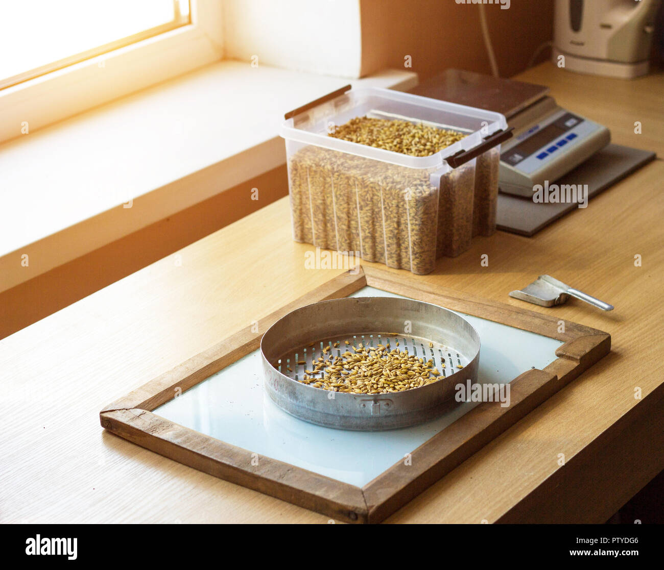 Laboratory for the inspection and analysis of grain, on the table lies