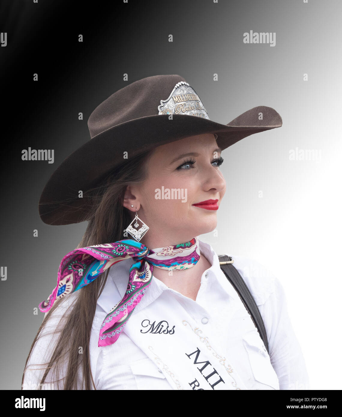 Portrait of a very pretty young woman wearing a cowboy hat, Miss Millmerran 2018 at the Australian Camp Oven Festival 2018, Millmerran, Southern Queen Stock Photo