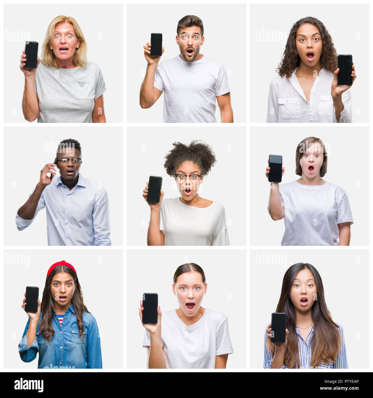 Collage of group of young people showing screen of smartphone over ...