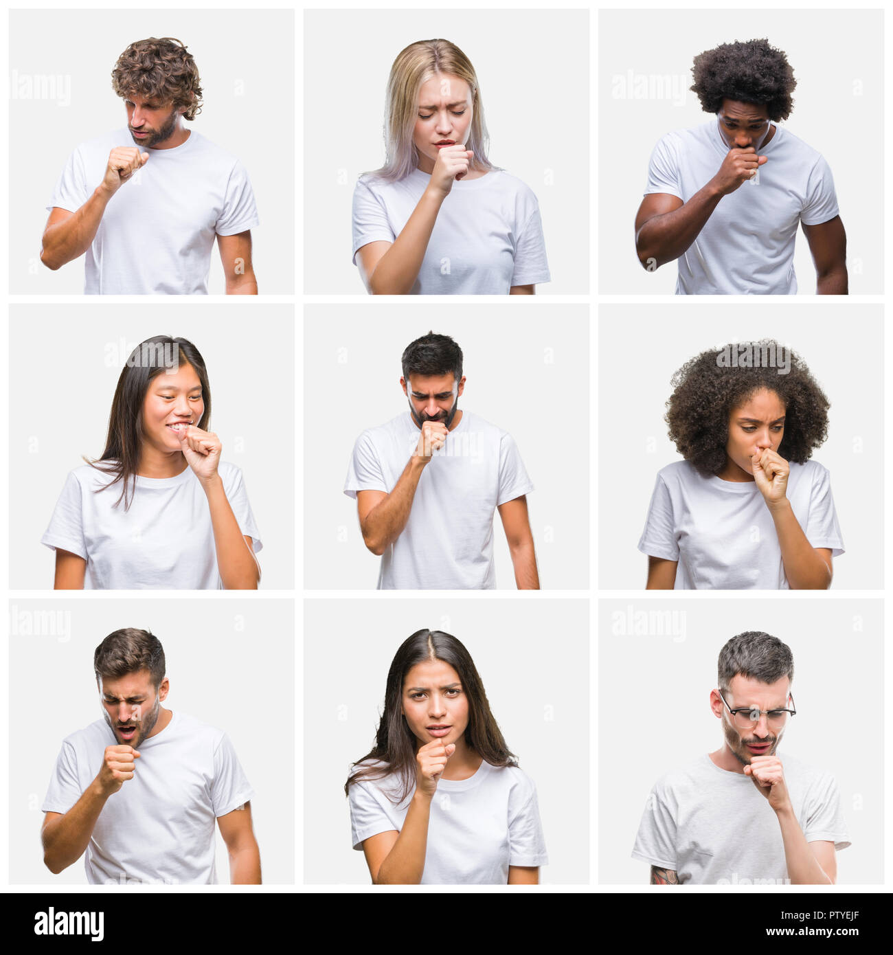 Collage of group of people wearing casual white t-shirt over isolated ...