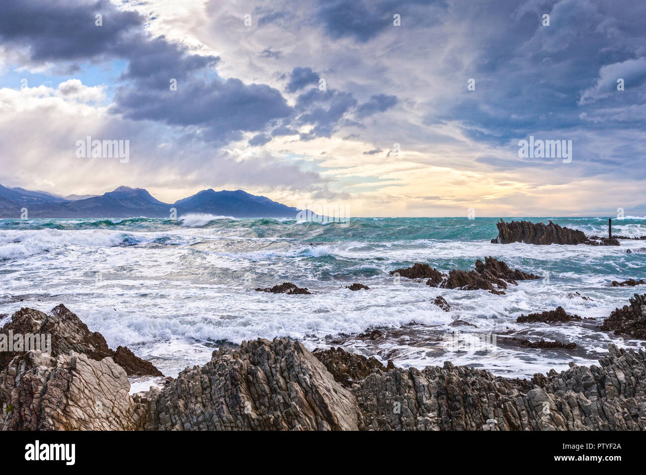 Wild weather at Kaikoura, New Zealand. The town is an important tourist destination, particularly for observing whales, dolphins and seals. Stock Photo
