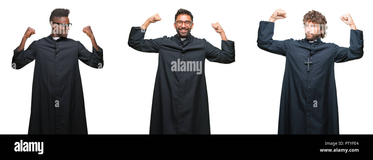 Collage of christian priest men over isolated background showing arms muscles smiling proud. Fitness concept. Stock Photo