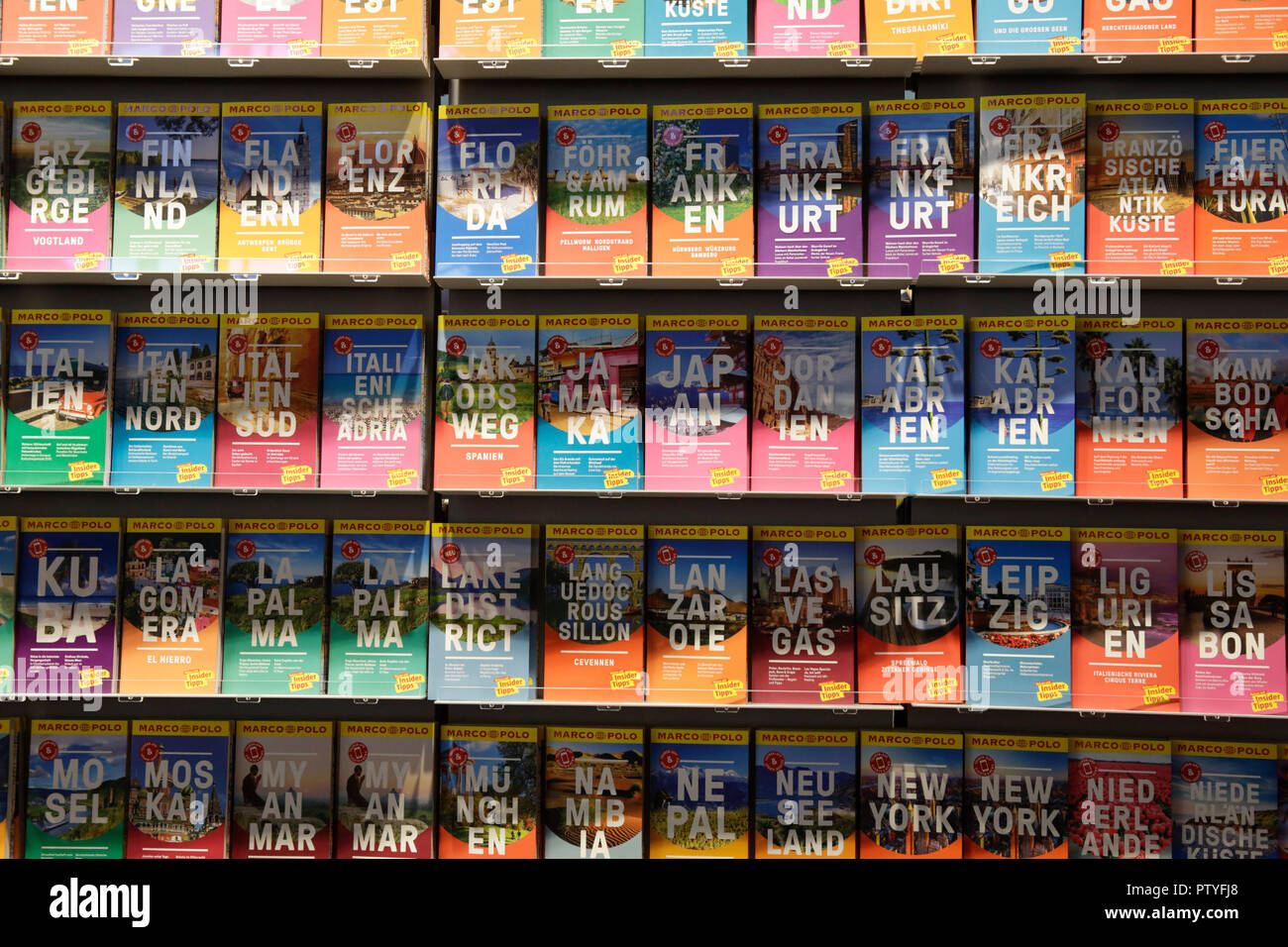 Frankfurt, Germany. 10th Oct, 2018. A wall with Marco Polo Travel Guides.  The 70th Frankfurt Book Fair 2018 is the world largest book fair with over  7,000 exhibitors and over 250,000 expected