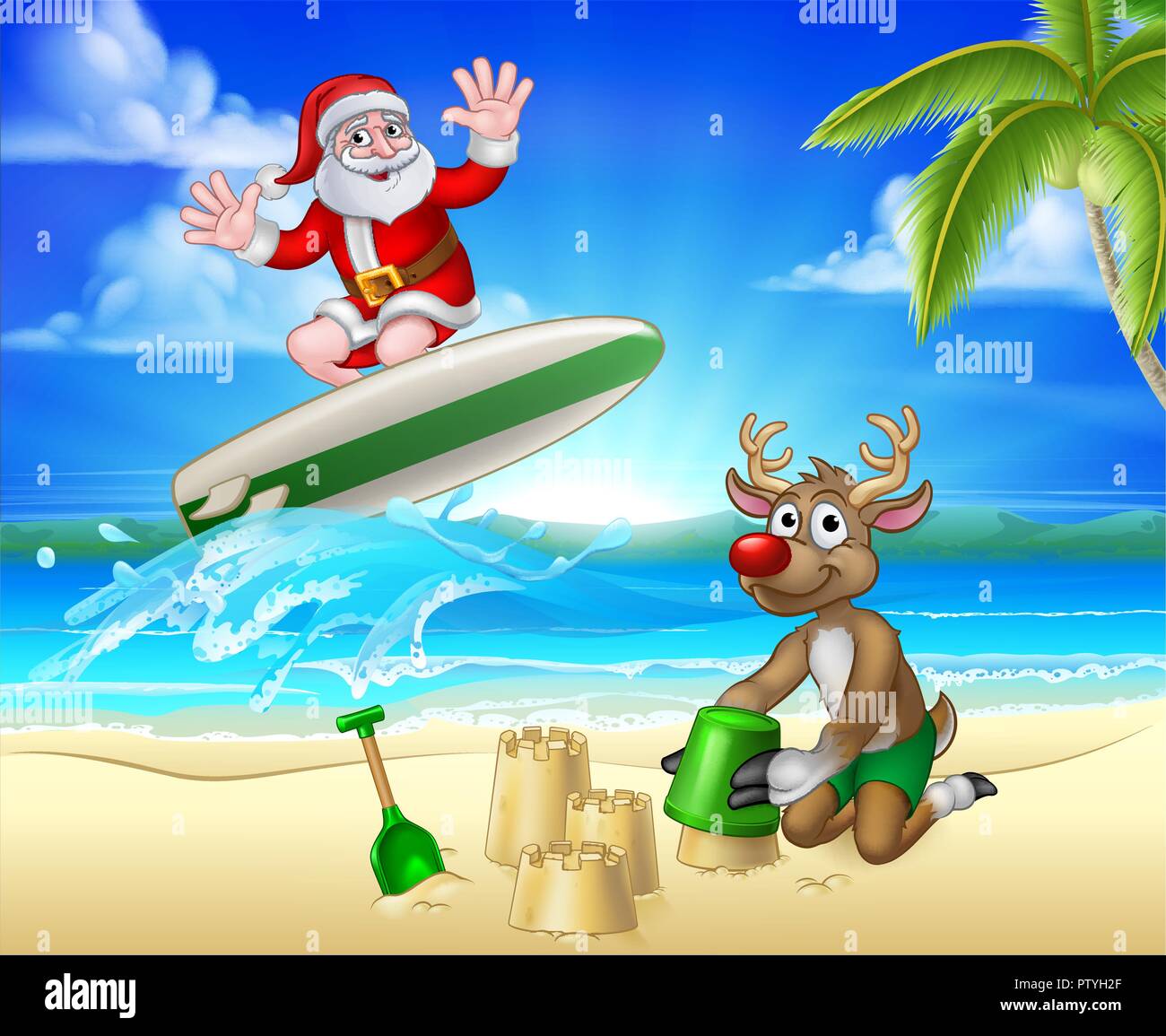 Santa Claus and Reindeer Christmas Beach Scene  Stock Vector