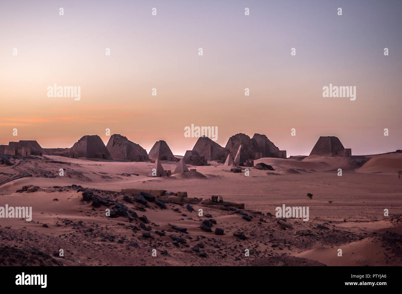 Pyramids of Meroe, Sudan. Meroë is an ancient desert pyramid city, east bank of the Nile near Shendi, Sudan, approximately 200 km north-east of Kharto Stock Photo