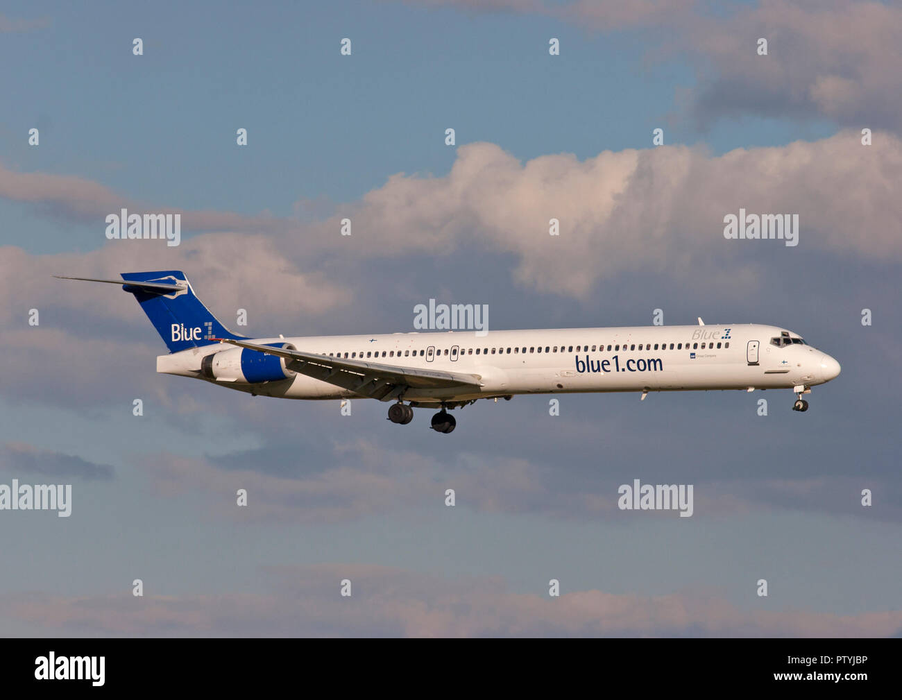 Blue1 McDonnell Douglas MD-90-30 landing at London Stansted airport. Stock Photo