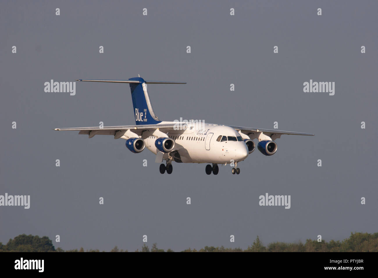 Blue1 British Aerospace Avro RJ85 landing at London Stansted airport. Stock Photo
