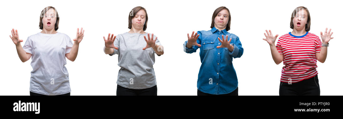 Collage of down sydrome woman over isolated background afraid and terrified with fear expression stop gesture with hands, shouting in shock. Panic con Stock Photo