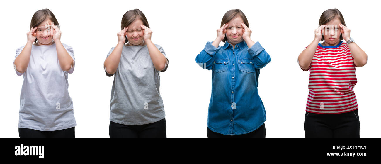 Collage of down sydrome woman over isolated background with hand on head for pain in head because stress. Suffering migraine. Stock Photo