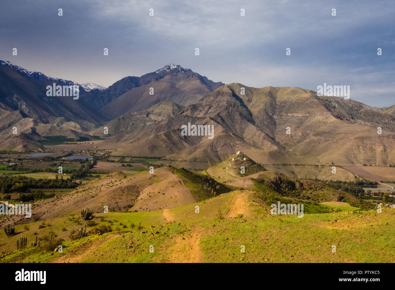 Cactus, mountains and valleys near Vicuña Vicuna city. Elqui Valley in Chile Stock Photo
