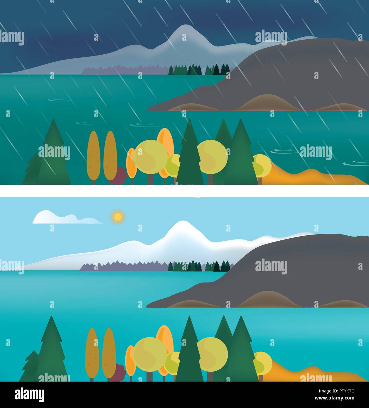 Set flat design illustration of mountain landscape with lake and forest, with sunny and rainy weather and clouds, with snowy hills on background - vec Stock Vector