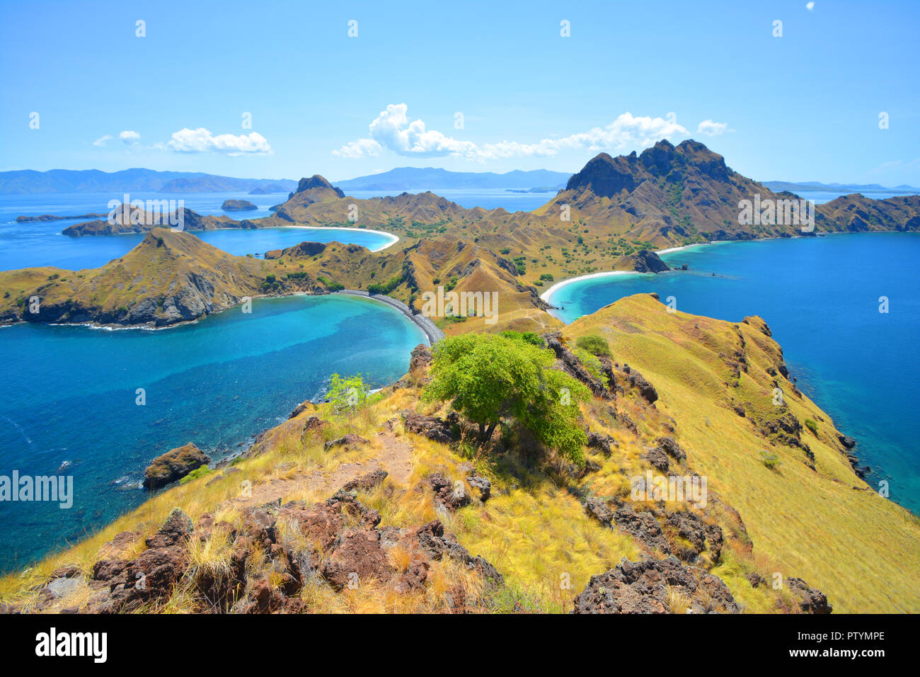 Padar Island near Komodo Island, Indonesia. Beautiful paradise island hiking to the top and seeing the view all over the bays of the island in archipe Stock Photo