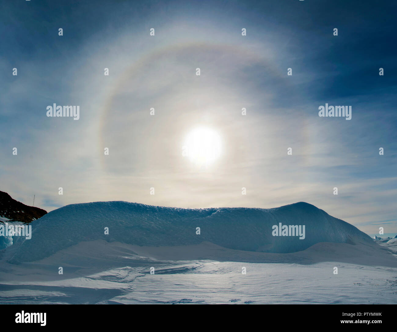 Clear day, blue sky-effect Halo in the sky. Antarctic. Stock Photo