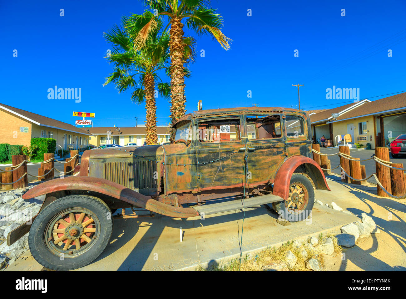 Barstow, California, USA August 15, 2018 closeup of vintage old car