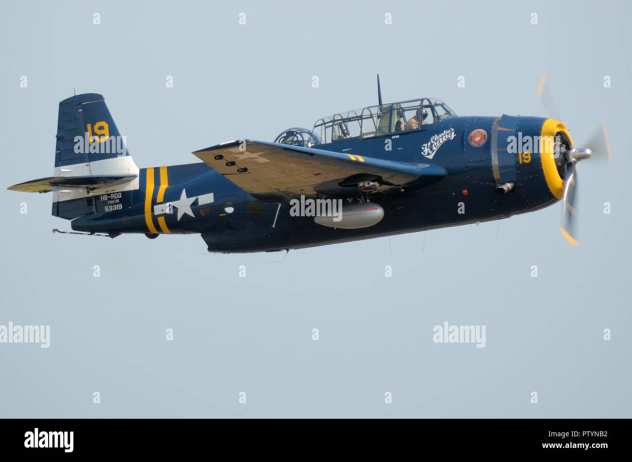 Grumman TBM Avenger Second World War torpedo bomber plane in US Navy colours, colors, flying at an airshow Stock Photo