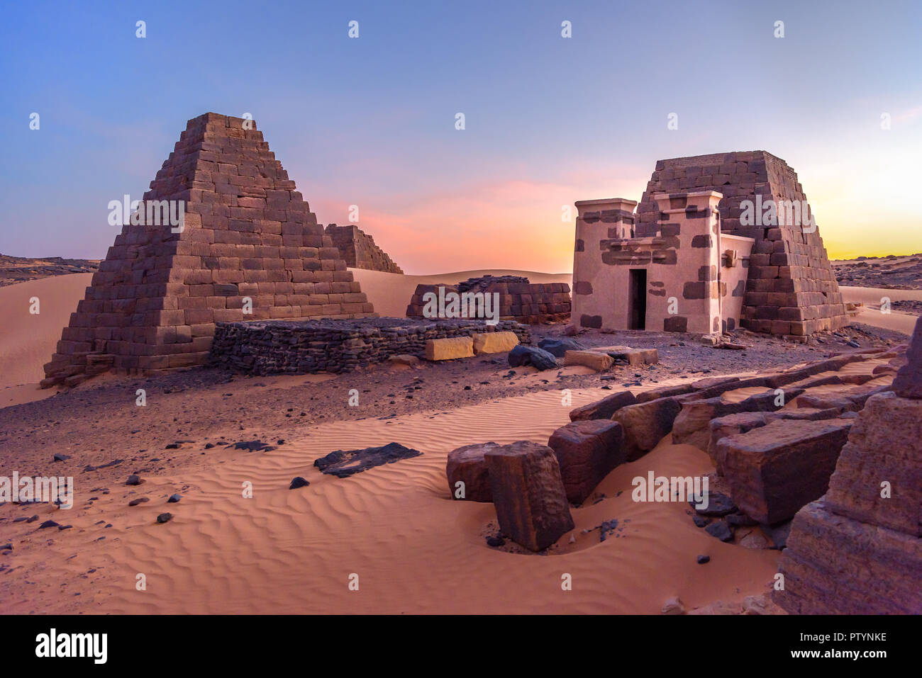 Pyramids of Meroe, Sudan. Meroë is an ancient desert pyramid city, east bank of the Nile near Shendi, Sudan, approximately 200 km north-east of Kharto Stock Photo
