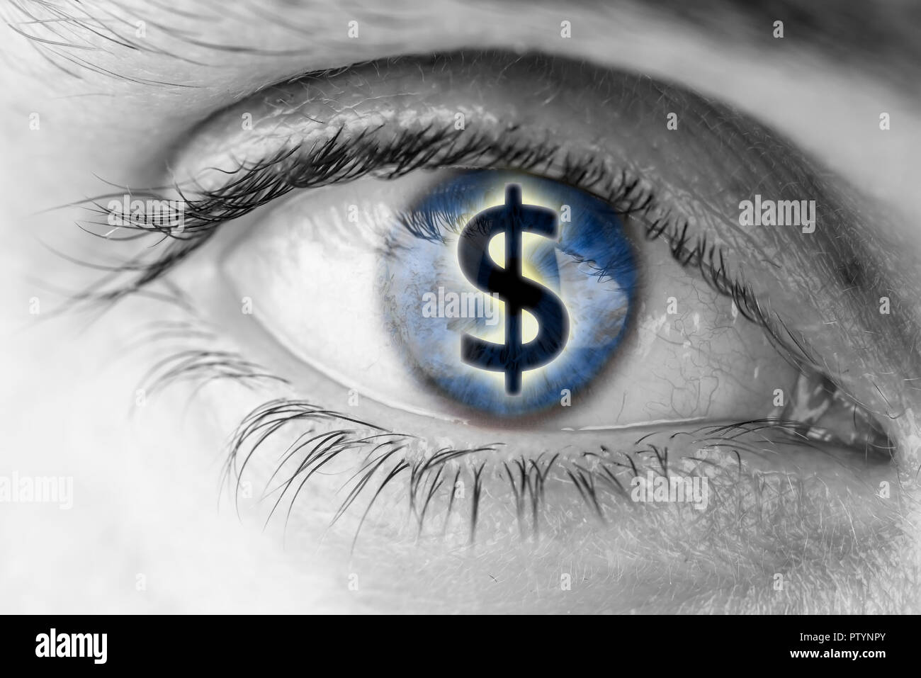 Dollar sign in human pupil. Greed concept. Stock Photo