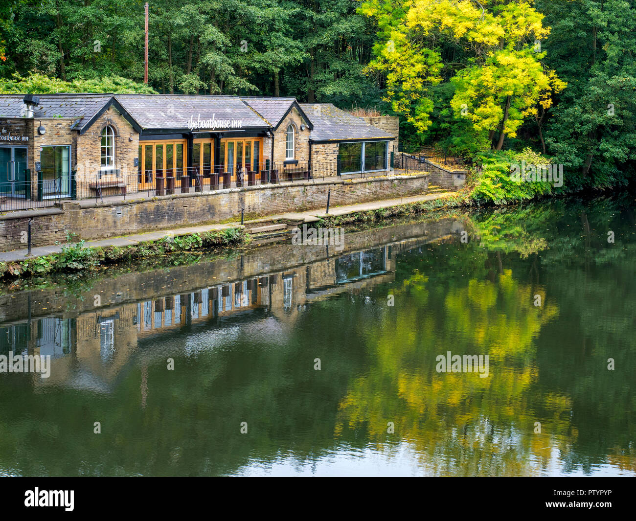 The Boathouse Inn by the River Aire at Saltaire West Yorkshire England Stock Photo