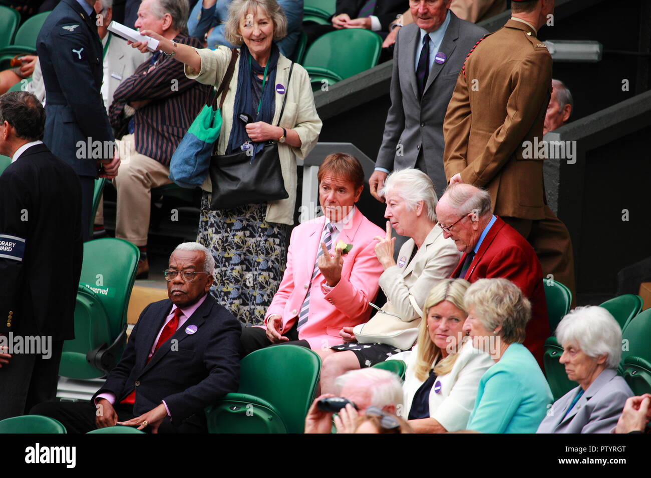 View of Royal Box at Wimbledon, on central court, 2nd of July 2016.Sir Cliff Richard. Stock Photo