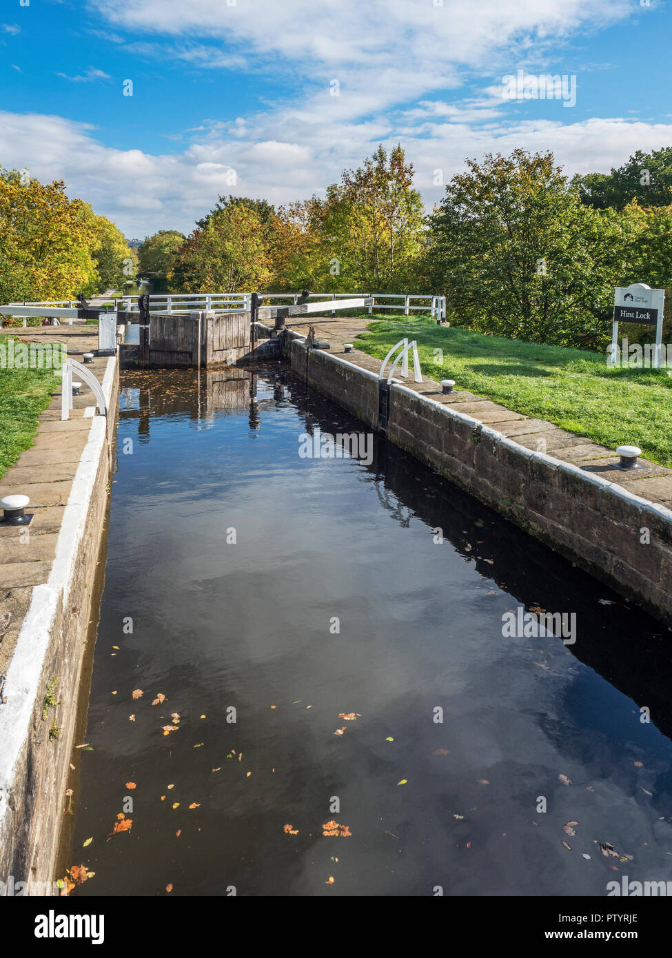 Hirst Lock on the Leeds and Liverpool Canal in early autumn near Saltaire West Yorkshire England Stock Photo