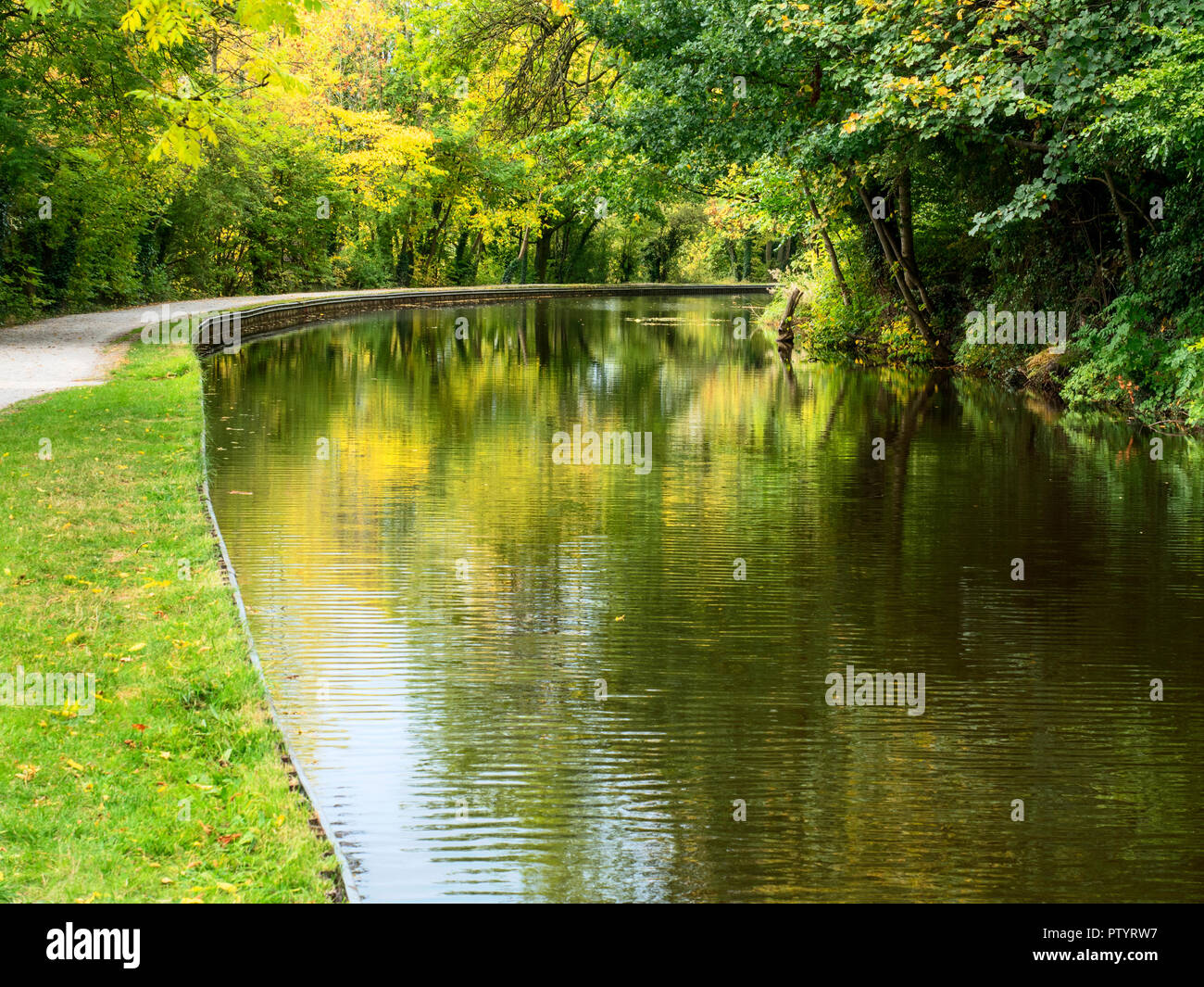 Autumn colours reflected in the Leeds and Liverpool Canal at Dowley Gap near Bingley West Yorkshire England Stock Photo