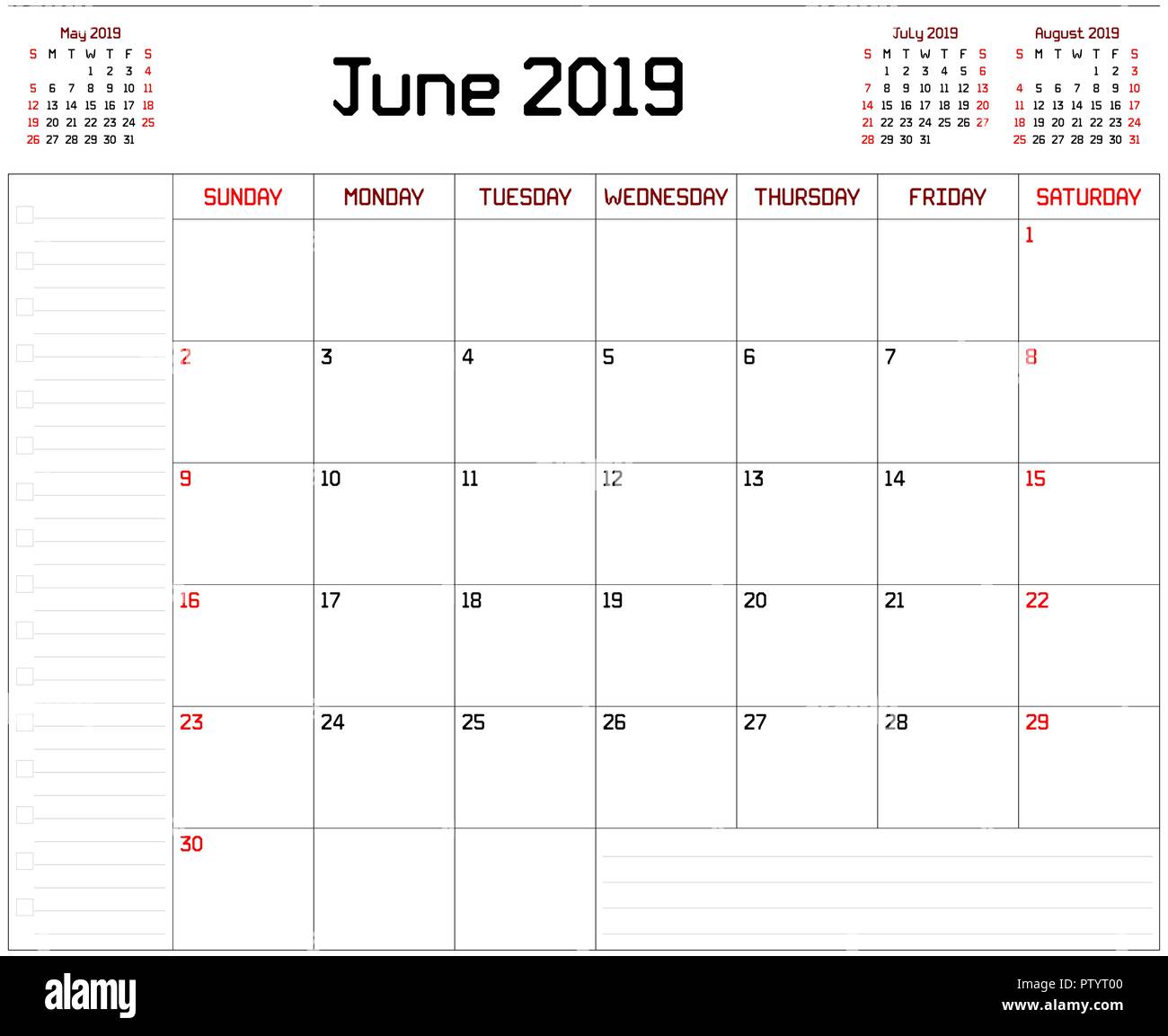 a monthly planner calendar for june 2019 on white