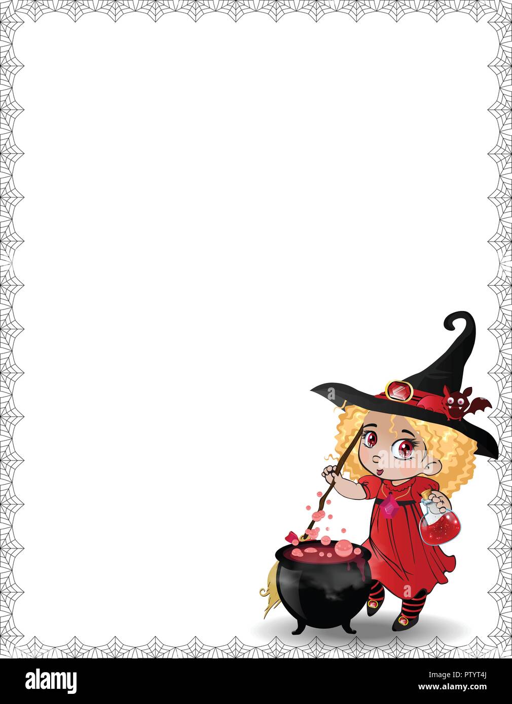 Vector illustration of baby witch girll in red costume and cauldron