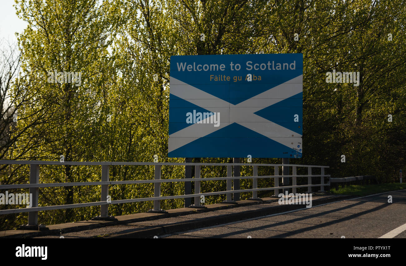 Welcome to Scotland sign, border between Cumbria and Dumfries, Scotland, UK Stock Photo