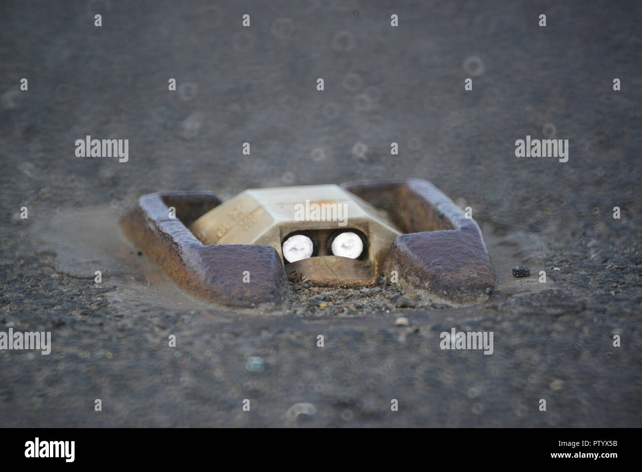 traffic passing cats eyes reflecting on road at dusk in leeds yorkshire