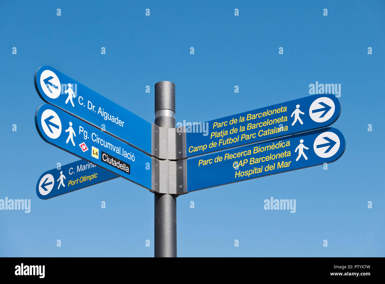 A signpost by the seafront in Barcelona, Spain Stock Photo