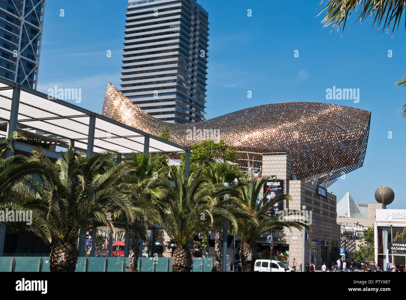 The golden fish sculpture designed by architect Frank O. Gehry, Port Olimpic, Barcelona, Spain Stock Photo