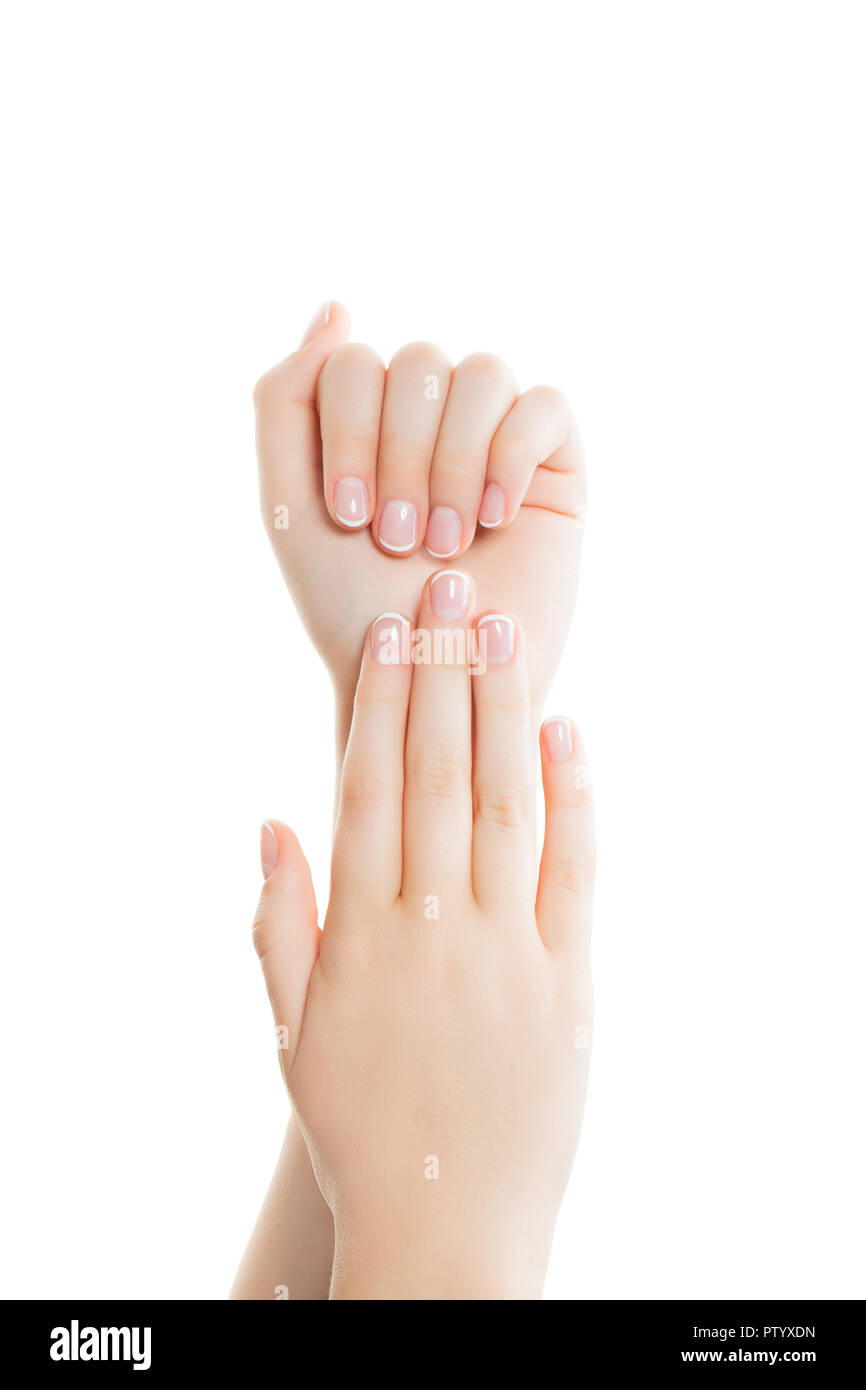Manicure concept. Perfect woman hands isolated on white background