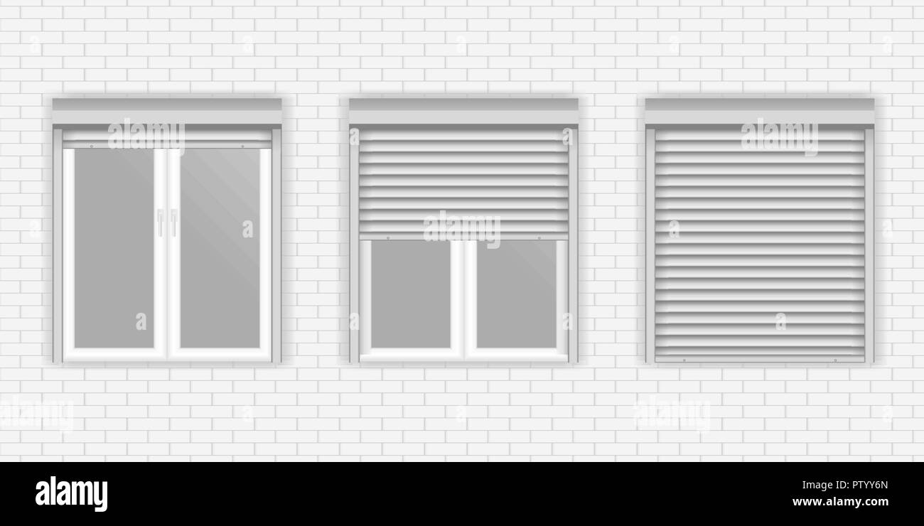 Window shutters on gray brick wall Stock Vector