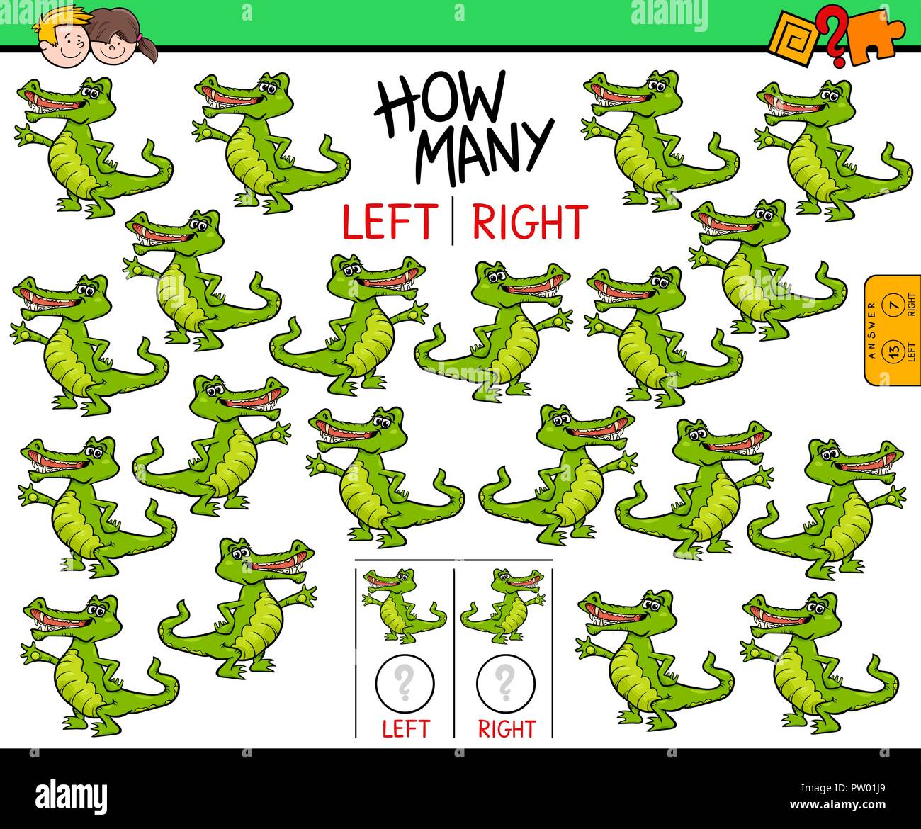 Cartoon Illustration of Educational Game of Counting Left and Right Oriented Pictures for Children with Funny Crocodile Character Stock Vector
